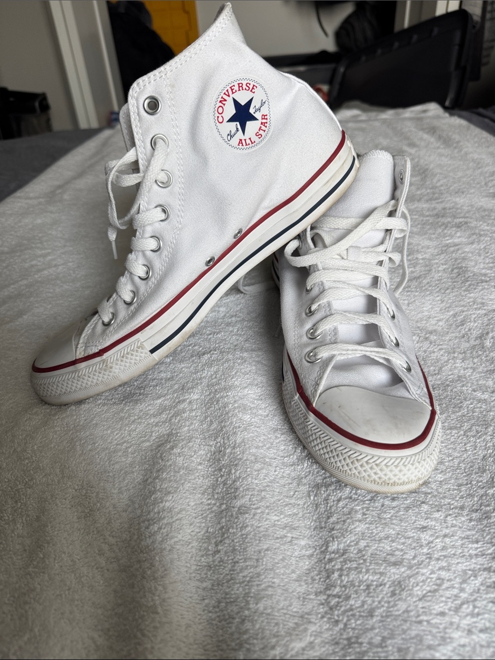 Converse White High Top Sneakers with Red & Navy Accents